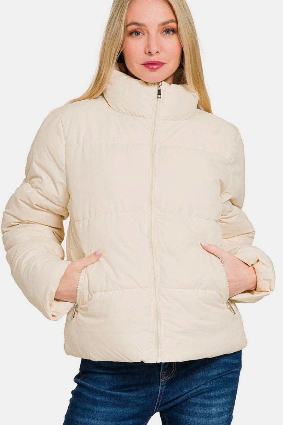 Zenana Zip Up Turtleneck Puffer Jacket with Pockets - SwagglyLife Home & Fashion